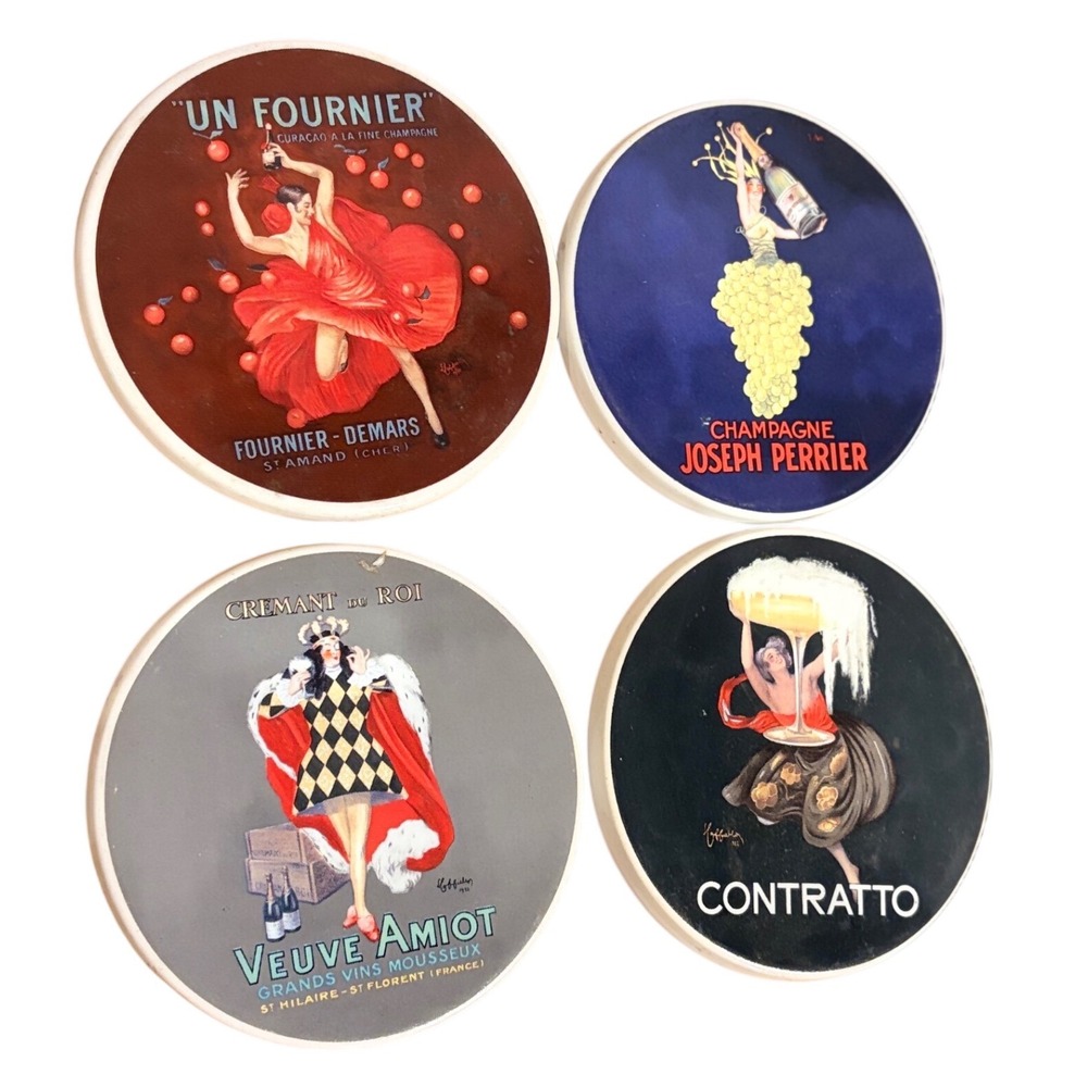 Pottery Barn Bubbly Vintage 02' French Champagne Poster Art 4" Coasters Set of 4